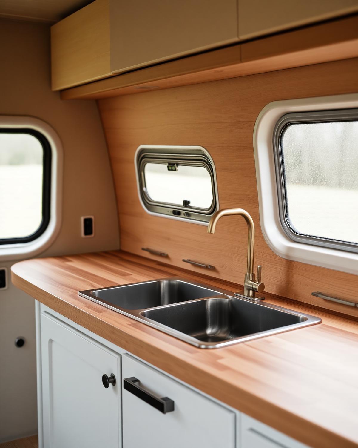 Cocina de camper con grifería en latón