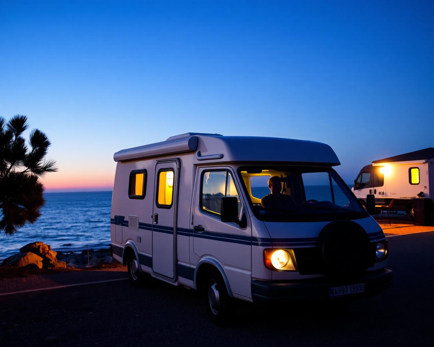 Camper junto al mar a la hora azul