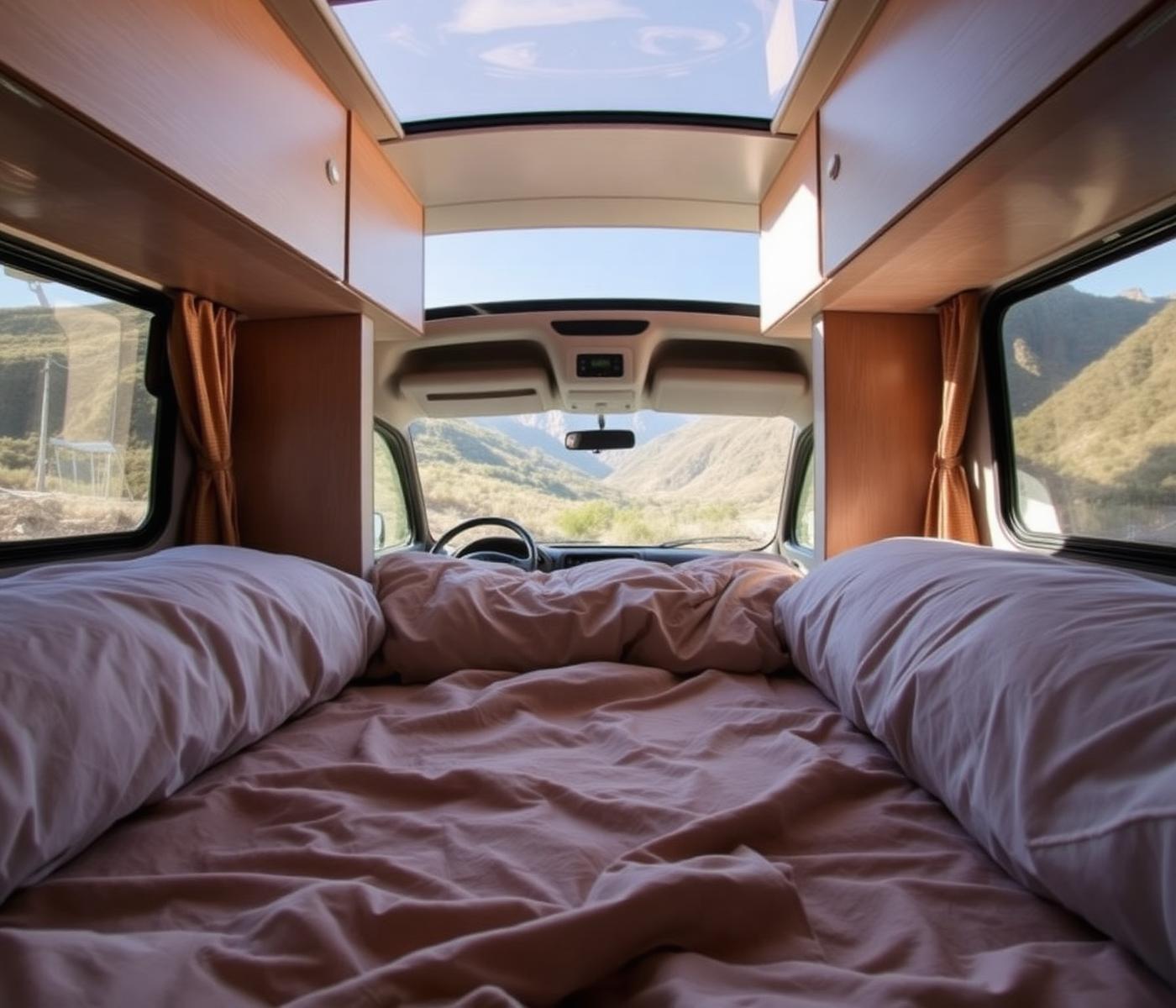 Cama de camper con vistas a la montaña