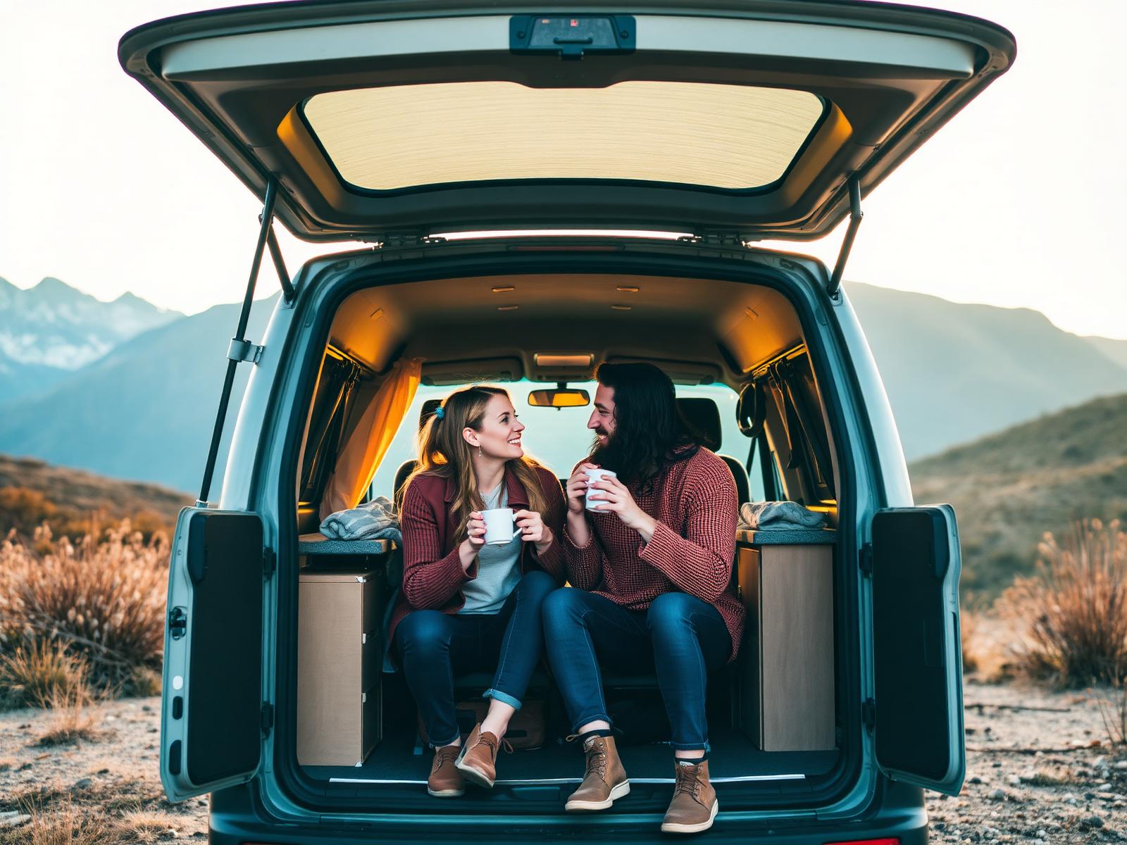 Pareja disfrutando de un café en su camper Nomade Nation